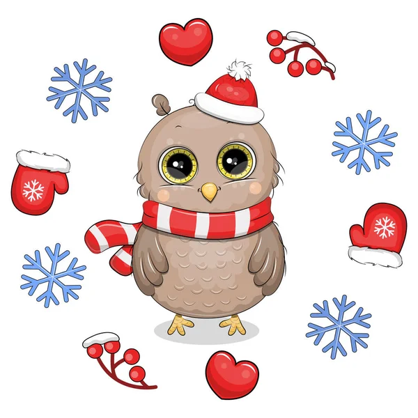 Cute Cartoon Owl Red Scarf Hat Winter Frame Christmas Vector — Stock Vector