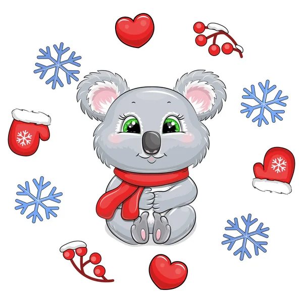 Roztomilá Kreslená Koala Červenou Šálou Zimním Rámečku Vektorová Ilustrace Zvířete — Stockový vektor