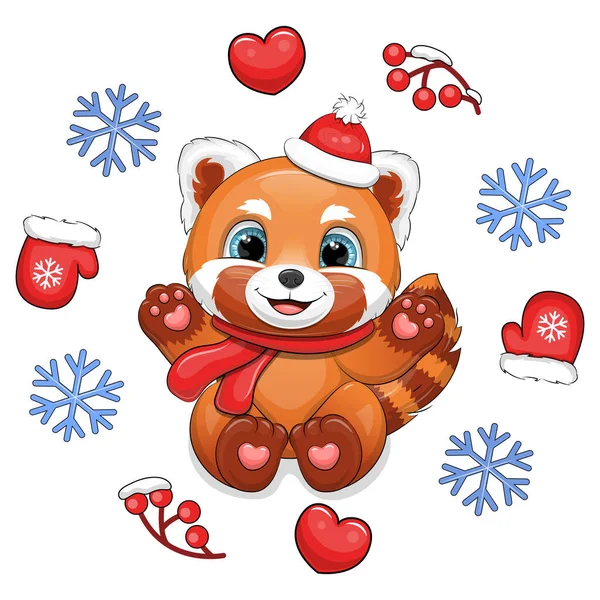 Roztomilá Karikatura Červená Panda Červeným Šátkem Červeným Kloboukem Zimním Rámečku — Stockový vektor
