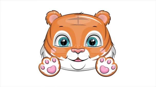 かわいい漫画の虎の頭は目を吹き飛ばし 足を動かしています 白い背景に動物のループアニメーション — ストック動画