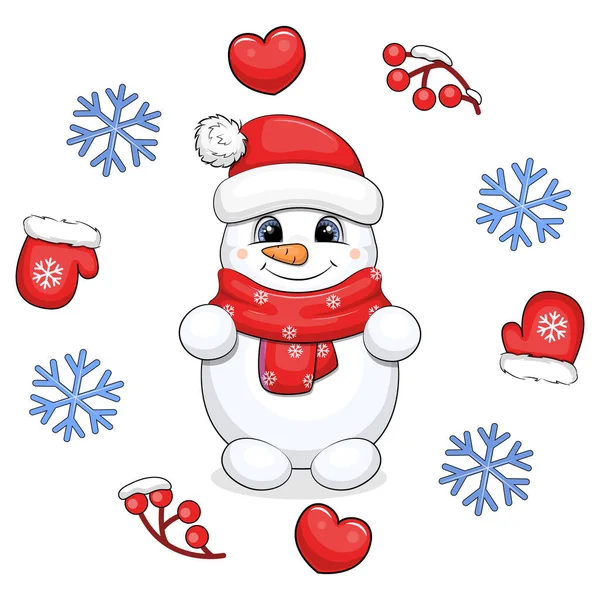 Cute Cartoon Snowman Red Scarf Red Hat Winter Frame Christmas — Stock Vector