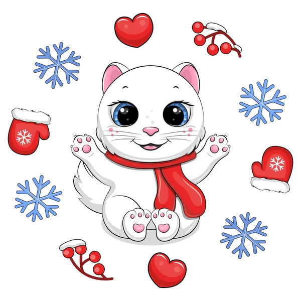 Roztomilá Kreslená Bílá Kočka Červenou Šálou Zimním Rámečku Vánoční Vektorová — Stockový vektor