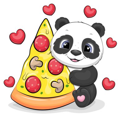 Büyük bir dilim pizzayla şirin bir panda. Beyaz arka planda kırmızı kalpli bir hayvanın vektör çizimi.