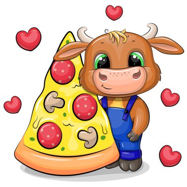 Büyük bir dilim pizzayla şirin bir çizgi film boğası. Beyaz arka planda kırmızı kalpli bir hayvanın vektör çizimi.