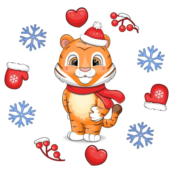 프레임에 빨간색 스카프와 모자와 귀여운 호랑이 배경에 눈송이와 동물의 크리스마스 로열티 프리 스톡 벡터