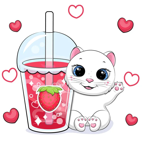 可爱的卡通白色猫与一个大草莓饮料 红心白背动物和一杯红水的矢量图解 — 图库矢量图片