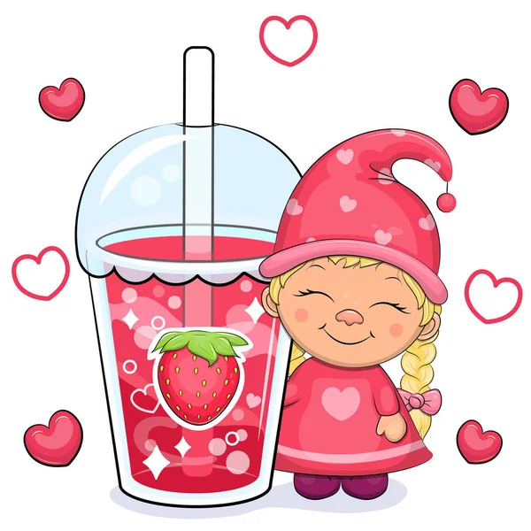 可爱的卡通侏儒女孩与一个大草莓饮料 红心白背动物和一杯红水的矢量图解 — 图库矢量图片