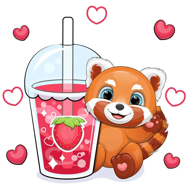 可爱的卡通红色熊猫与一个大草莓饮料 红心白背动物和一杯红水的矢量图解 — 图库矢量图片