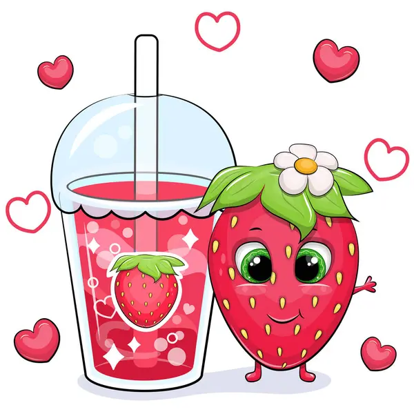 可爱的卡通片草莓加一大杯草莓饮料 红红心的白色背景上的浆果和一杯红水的矢量图解 — 图库矢量图片