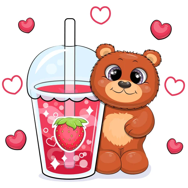 可爱的卡通棕熊与一个大草莓饮料 红心白背动物和一杯红水的矢量图解 — 图库矢量图片
