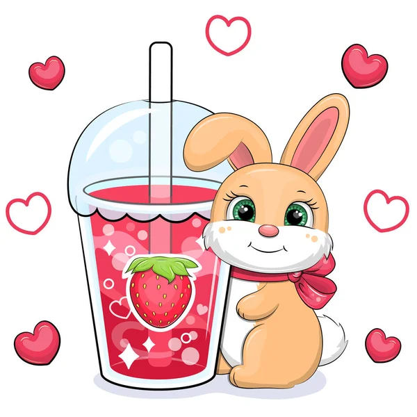 可爱的卡通兔子与一个大草莓饮料 红心白背动物和一杯红水的矢量图解 — 图库矢量图片