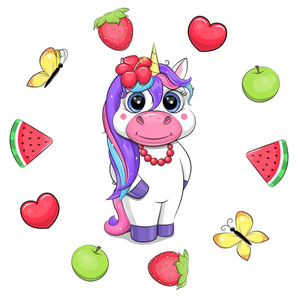 Cute Cartoon Unicorn Fruit Frame Vector Illustration Animal Apples Watermelon — Stock Vector