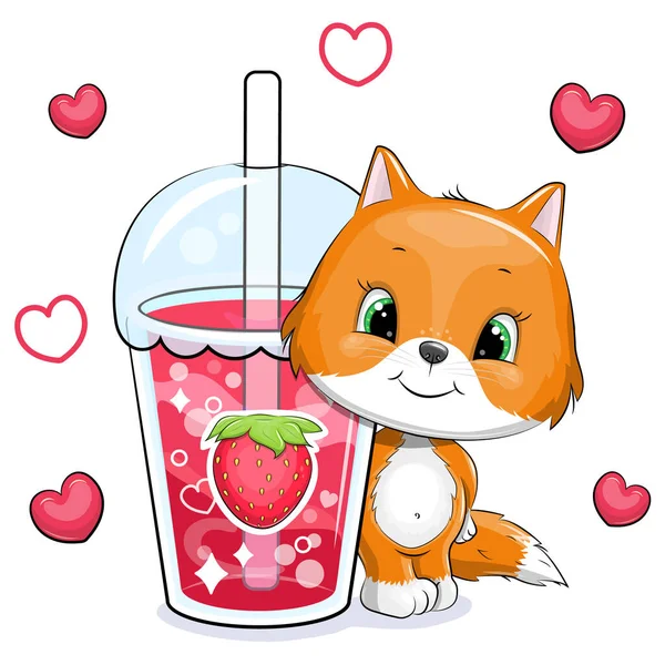 可爱的卡通狐狸与一个大草莓饮料 红心白背动物和一杯红水的矢量图解 — 图库矢量图片