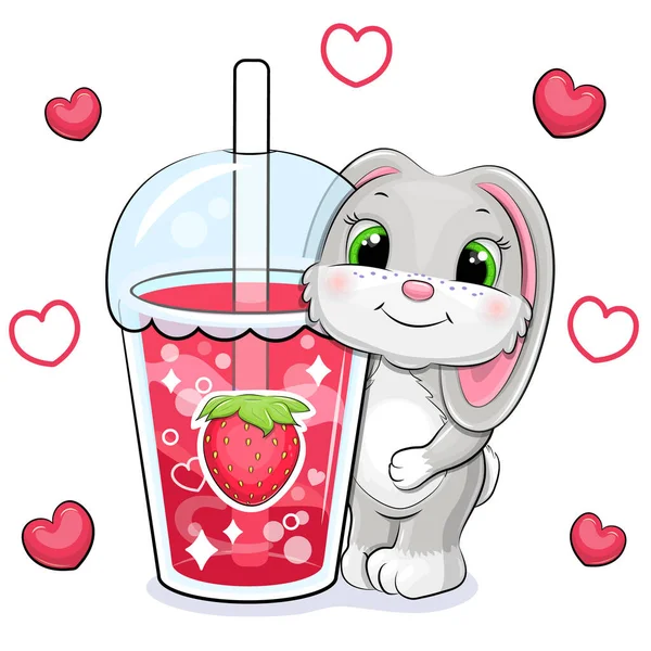 可爱的卡通灰兔子与一个大草莓饮料 红心白背动物和一杯红水的矢量图解 — 图库矢量图片