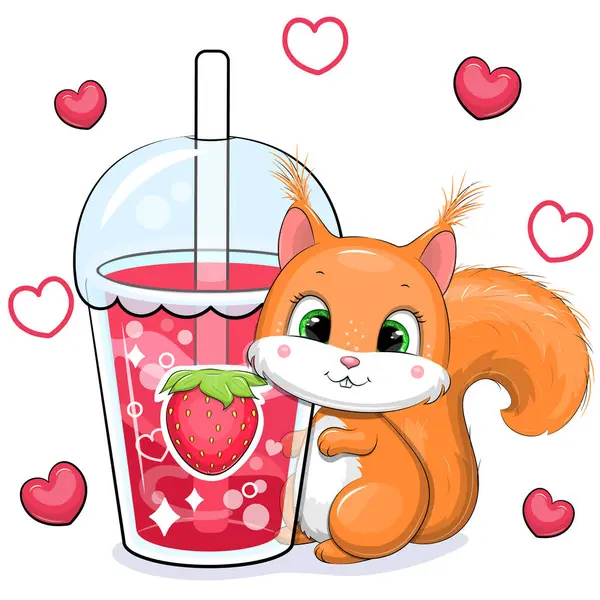 可爱的卡通松鼠与一个大草莓饮料 红心白背动物和一杯红水的矢量图解 — 图库矢量图片