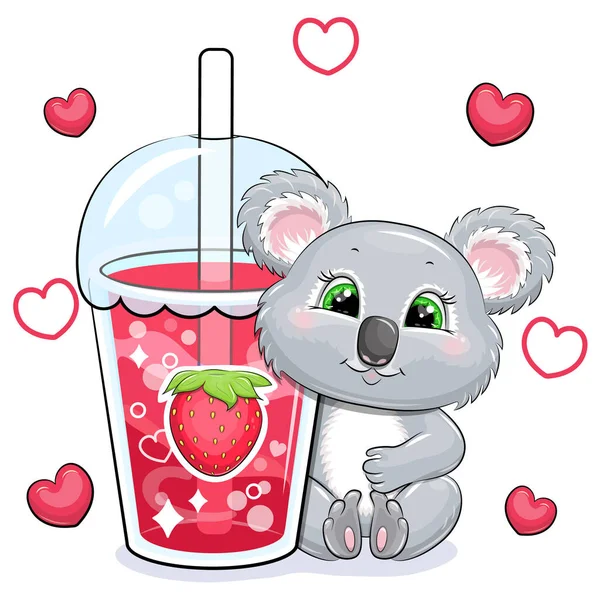 可爱的卡通考拉与一个大草莓饮料 红心的白色背景上的动物和一杯红水的矢量图解 — 图库矢量图片
