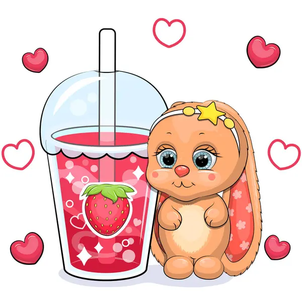 可爱的卡通兔子与一个大草莓饮料 红心的白色背景上的动物和一杯红水的矢量图解 — 图库矢量图片