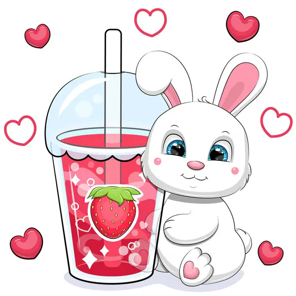 可爱的卡通白色兔子与一个大草莓饮料 红心的白色背景上的动物和一杯红水的矢量图解 — 图库矢量图片