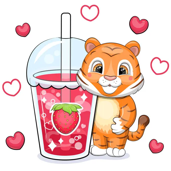 可爱的卡通虎与一个大草莓饮料 红心的白色背景上的动物和一杯红水的矢量图解 — 图库矢量图片
