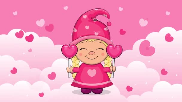 Девушка Гном Двумя Сердечными Леденцами Небе Симпатичная Мультяшная Анимация Розовый — стоковое видео