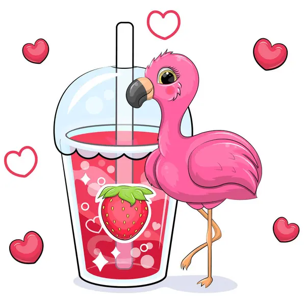 可爱的卡通粉红火烈鸟与一个大草莓饮料 红心的白色背景上的动物和一杯红水的矢量图解 — 图库矢量图片