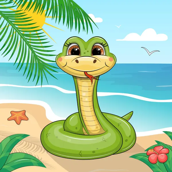 stock vector Cute cartoon green snake on the beach. Summer vector illustration with palm tree, sun, sea, sand, starfish, blue sky, clouds and plants.