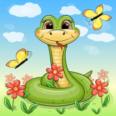 Cute cartoon green snake and red flowers in nature. Vector illustration of animal in nature with flowers, yellow butterflies, blue sky and white clouds.