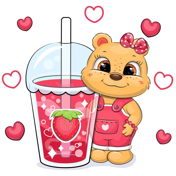 可爱的卡通片熊女孩与大草莓饮料 红心白背动物和一杯红水的矢量图解 — 图库矢量图片