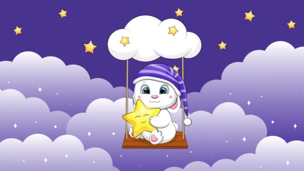 动物带着云彩和星星在空中荡秋千 夜间循环动画 头戴睡帽的可爱卡通白兔拿着一颗星星 — 图库视频影像