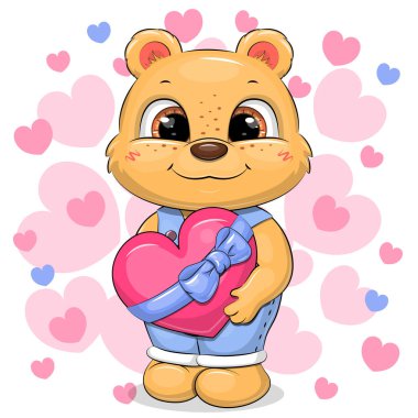 Mavi kurdeleli bir kalp tutan sevimli çizgi film kahramanı. Beyaz arka planda pembe ve mavi kalpli bir hayvanın vektör çizimi.