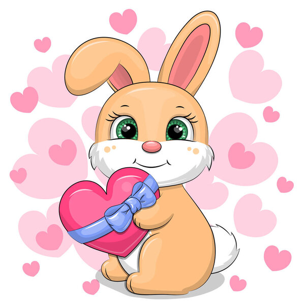 Cute cartoon rabbit holding a heart with blue ribbon. Vector illustration of an animal on a white background with pink hearts.