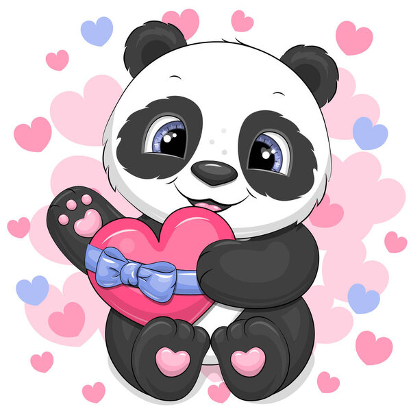 Cute cartoon panda holds a heart with blue ribbon. Vector illustration of an animal on a white background with pink hearts.