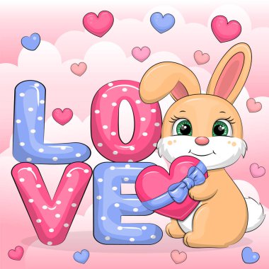 Aşk kelimesi ve kalbi olan sevimli çizgi film tavşanı. Kalpli pembe arkaplanda vektör illüstrasyonuName.