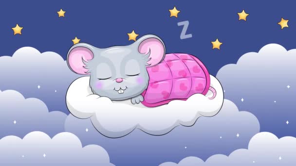 かわいい漫画のネズミが雲の中で眠っている 動物と雲でナイトループアニメーション — ストック動画