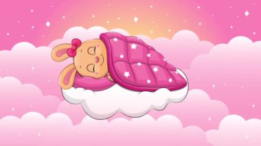 Tatlı çizgi film tavşanı bulutun üstünde uyuyor. Gece, yıldızlı pembe bir arka planda hayvanlı ve bulutlu bir animasyon..