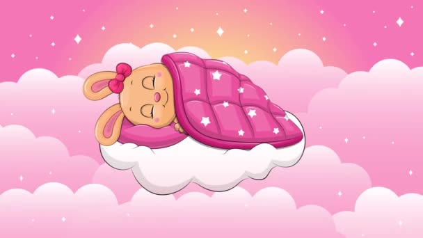 Lindo Conejo Dibujos Animados Está Durmiendo Nube Animación Nocturna Bucle — Vídeo de stock