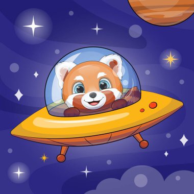 Uzay gemisindeki sevimli çizgi film Red Panda. Uzayda yıldızlı ve gezegenli mavi bir arka plandaki bir hayvanın vektör çizimi.