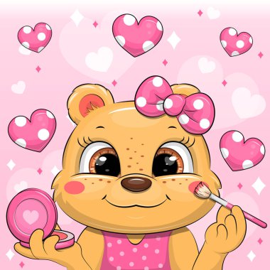 Sevimli çizgi film kızı makyaj yapıyor. Pembe arka plan ve kalbe kırmızı ve fırçalı bir hayvanın vektör çizimi.