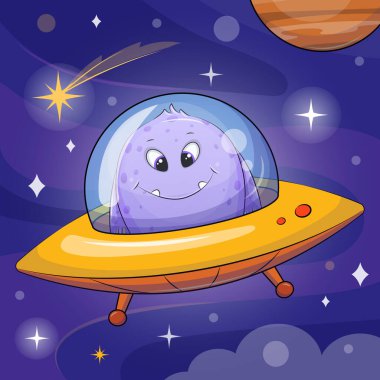 Uzay gemisindeki sevimli çizgi film uzaylıları. Uzayda yıldızlı ve gezegenli mavi bir arka planda yaratığın vektör çizimi.