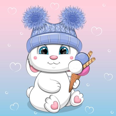 Mavi şapkalı şirin beyaz tavşan dondurma tutuyormuş. Mavi ve pembe arka planda kalpleri olan bir hayvanın vektör çizimi.