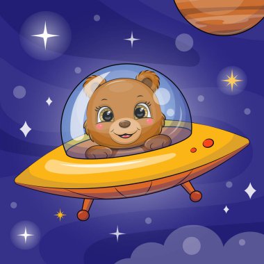 Uzay gemisindeki sevimli çizgi film ayısı. Uzayda yıldızlı ve gezegenli mavi bir arka plandaki bir hayvanın vektör çizimi.