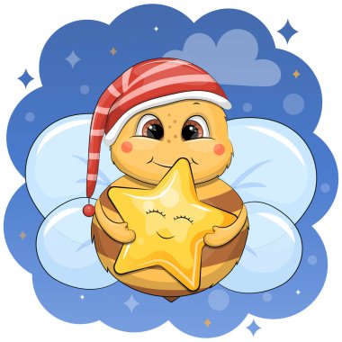 Sevimli çizgi film arısı gece başlığı takıyor ve sarı bir yıldız tutuyor. Mavi arkaplanda gece vektör çizimi.