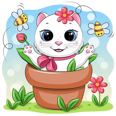 Arı ve çiçeklerle dolu bir saksının içinde şirin beyaz kedi çizgi filmi. Doğadaki hayvanın vektör çizimi.