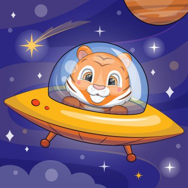 Uzay gemisindeki şirin çizgi film kaplanı. Uzayda yıldızlı ve gezegenli mavi bir arka plandaki bir hayvanın vektör çizimi.