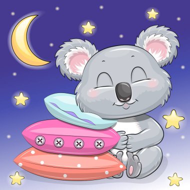 Şirin çizgi film koalası yastıkların üzerinde uyuyor. Yıldızlı ve aylı koyu mavi arkaplanda gece vektör çizimi.