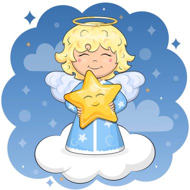 Tatlı çizgi film meleği sarı bir yıldız tutuyor ve bulutun üzerinde duruyor. Mavi arkaplanda gece vektör çizimi.