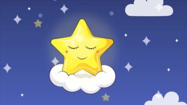 Şirin çizgi film, bulutların üstünde büyük sarı yıldız. Gökyüzünün gece animasyonu. Döngülü arkaplan.