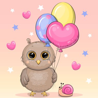 Balonlu ve salyangozlu şirin bir baykuş. Pembe arka planda, kalbi ve yıldızları olan bir hayvanın vektör çizimi.