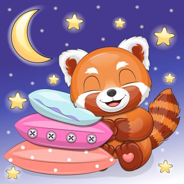 Tatlı çizgi film kırmızı panda yastıkların üzerinde uyuyor. Yıldızlı ve aylı koyu mavi arkaplanda gece vektör çizimi.