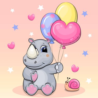 Balonlu ve salyangozlu tatlı çizgi film gergedanı. Pembe arka planda, kalbi ve yıldızları olan bir hayvanın vektör çizimi.